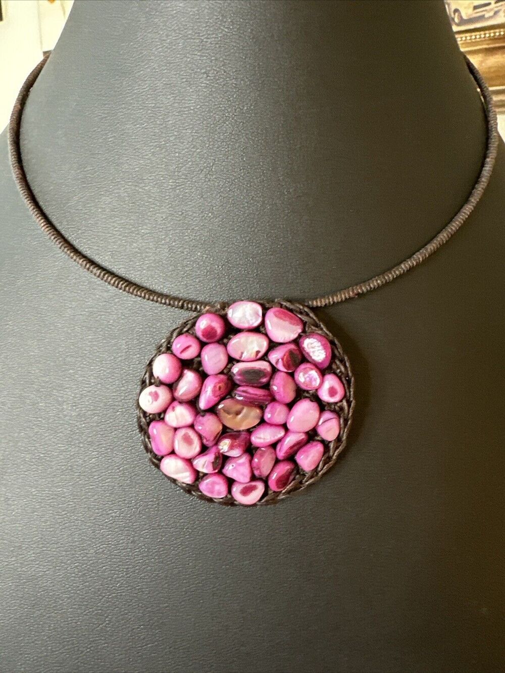 Handmade beaded crocheted Brown With pink stone pendant choker Boho style